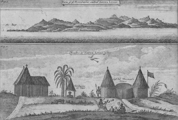 'View of Mountains called Sierra Leone & Houses at Sierra Leone', c18th century. Artist: N Parr.