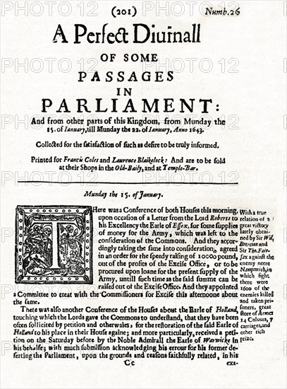 Front page of A Perfect Diurnall of Some Passages in Parliament, 1643 (1905). Artist: Unknown.