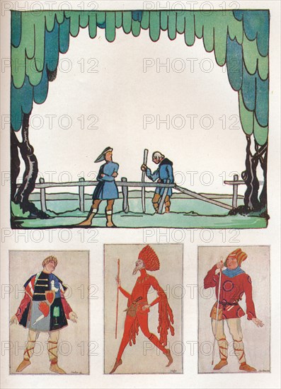 'Scenery for As You Like It (Act I, Scene I) and Costumes of Amiens and Lebeau', 1919. Artist: Claud Lovat Fraser.