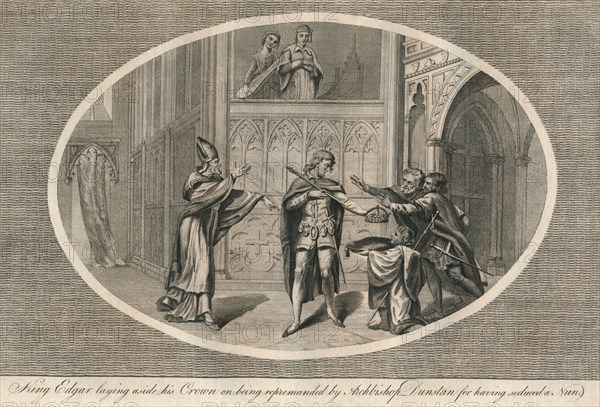 King Edgar laying aside his crown on being repremanded by Archbishop Dunstan, c960s (1793). Artist: Unknown.