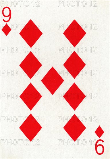 9 of Diamonds from a deck of Goodall & Son Ltd. playing cards, c1940. Artist: Unknown.