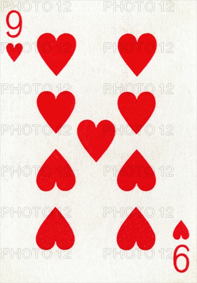 9 of Hearts from a deck of Goodall & Son Ltd. playing cards, c1940. Artist: Unknown.