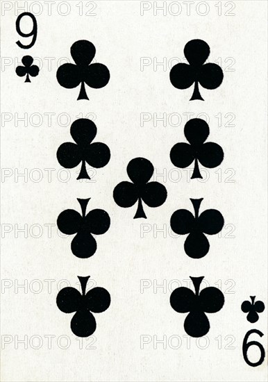 9 of Clubs from a deck of Goodall & Son Ltd. playing cards, c1940. Artist: Unknown.