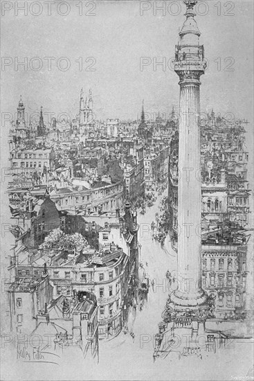 'The Monument, Fish Street Hill, from the steeple of St. Magnus', c1903, (1903). Artist: Hedley Fitton.