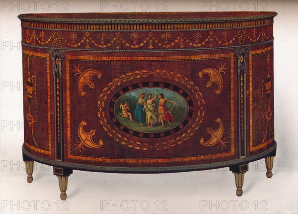 'Bow-Fronted Commode, with Metal Mouldings and Headings, veneered and inlaid with coloured woods', c Artist: Unknown.