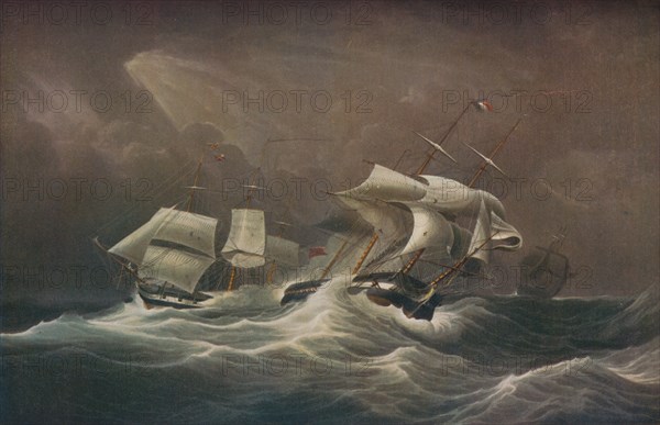 'H.M.S. Indefatigable Engaging The French Droits-De-L'Homme,1797', 1829. Artist: Edward Duncan.