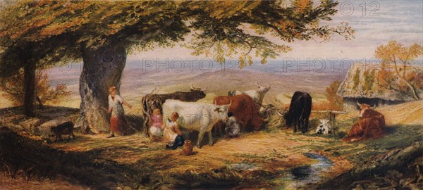 'Milking in the Field', c1847. Artist: Samuel Palmer.