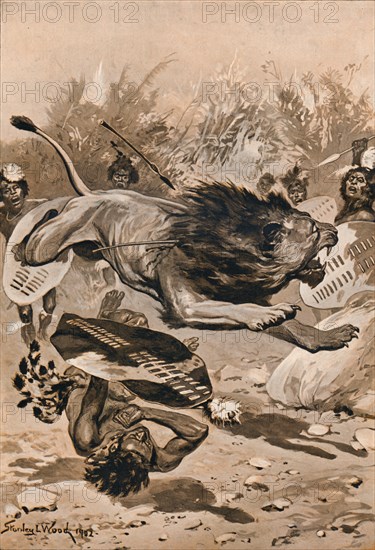 'As The Lion Charged', 1902, (1903). Artist: Stanley Llewellyn Wood.