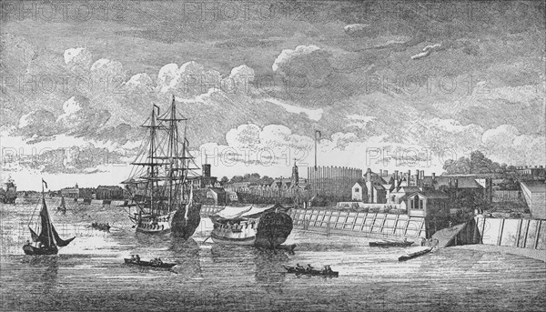 'Woolwich Dockyard from the Thames', c1750, (1912). Artists: Unknown, John Boydell.