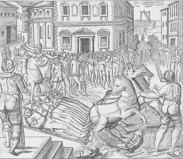 Execution of three Carthusian martyrs, Tyburn, London, 1535 (1904). Artist: Nicolas Beatrizet.