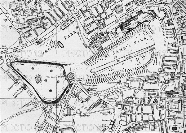 Map of St James' Park and Green Park in 1800, c1833 (1911). Artist: William Schmollinger.