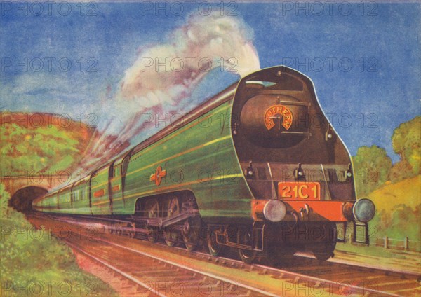 'New Streamlined Express, Merchant Navy, S.R., leaving Honiton Tunnel', 1940. Artist: Unknown.