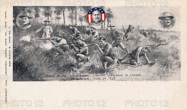 'Charge of the Rough Riders upon the Spaniards in Ambush, La Quasina, June 24, 1898', c1900. Artist: Unknown.