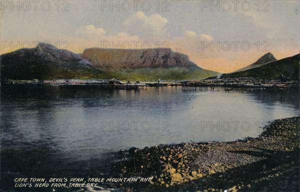 'Cape Town, Devil's Peak, Table Mountain and Lion's Head from Table Bay', c1900. Artist: Unknown.