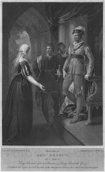 'Third Part of King Henry VI. Act 3. Scene 2. King Edward, Gloucester, Clarence & Lady Elizabeth Gre Artist: Thomas Holloway.