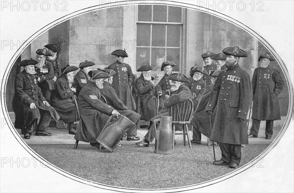 Chelsea Pensioners with 'black jacks', London, c1901 (1901). Artist: Unknown.