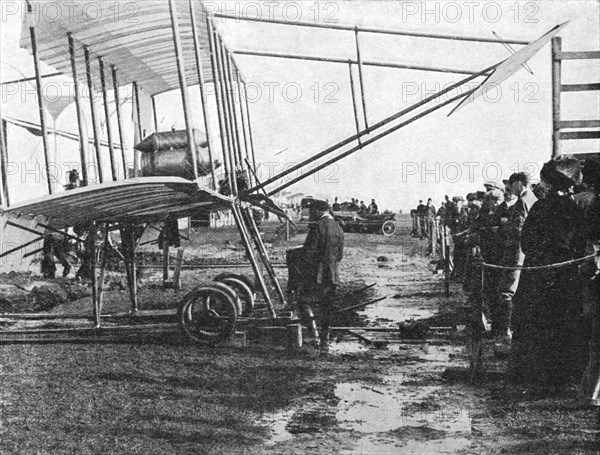 Henri Farman and his 50 hp Gnome biplane, Blackpool Aviation Meeting, Lancashire, 1909 (1933).  Artist: Flight Photo.