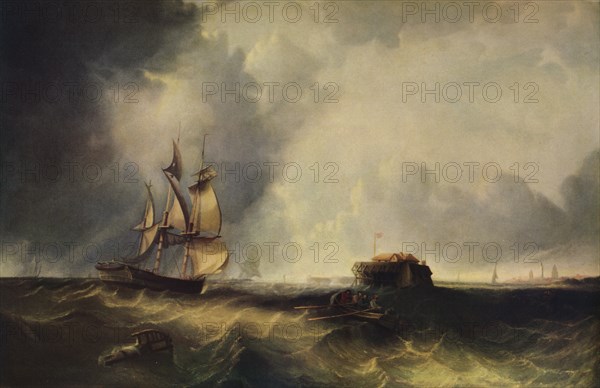 'A ship, and men in a rowing boat off Calais', c1830, (1938). Artist: Unknown.