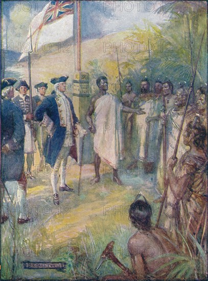 'Cook Told The Maoris That He Had Come To Set A Mark Upon Their Islands', c1908, (c1920).  Artist: Joseph Ratcliffe Skelton.