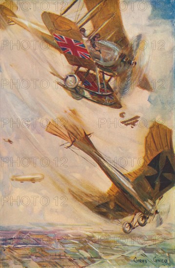 'A British Biplane Bringing Down a German Taube', c1916 (1928). Artist: Cyrus Cuneo.