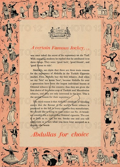 'A certain Famous Jockey Abdullas for choice', 1939. Artist: Unknown.