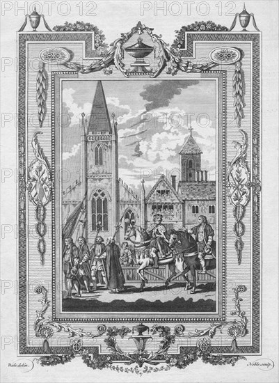'Edward the Black Prince (eldest Son of Edward III) conducting the King of France his Prisoner throu Artist: George Noble.