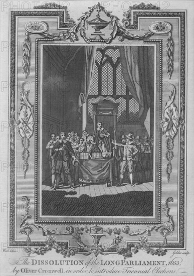 'The Dissolution of the Long Parliament, 1653, by Oliver Cromwell, in order to intoduce Triennal Ele Artist: John Goldar.