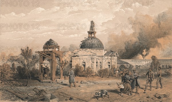 'Church in the Rear of the Redan, Looking North - Showing the Effects of Shot and Shell', 1856. Artist: W Trask.