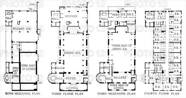 Floor plans, University Club Building, Los Angeles, California, 1923. Artist: Unknown.