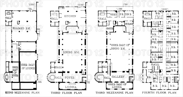 Floor plans, University Club Building, Los Angeles, California, 1923. Artist: Unknown.