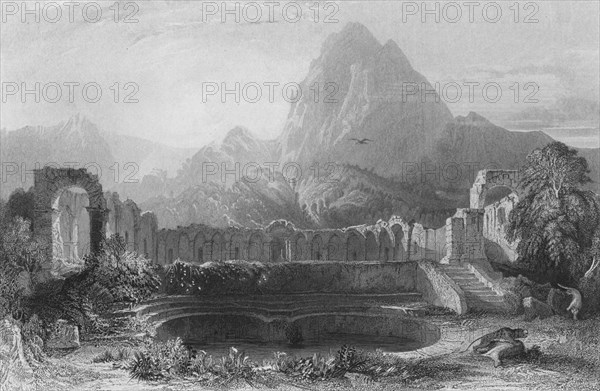 'Temple & Fountain at Jagwhan', c19th century. Artist: James Redaway.