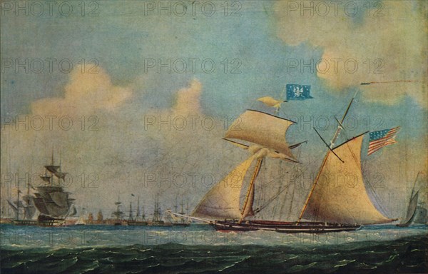 'An American privateer schooner and other vessels near a harbour', c1815. Creator: Burton.