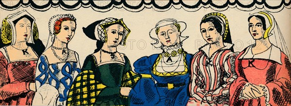 Portraits of Henry VIII's six wives from 1509, (1932). Creator: Rosalind Thornycroft.