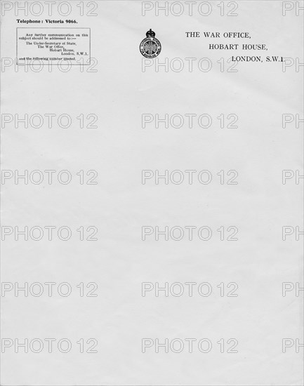 'Letterheaded paper from The War Office, Hobart House, London, S.W.1', 20th century. Artist: Unknown.
