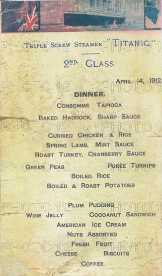 Titanic - 2nd Class Dinner Menu, 1912. Artist: Unknown.