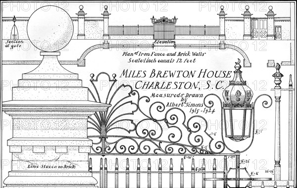 Plan of iron fence and brick walls, Miles Brewton House, Charleston, South Carolina, 1926. Artist: Albert Simons.