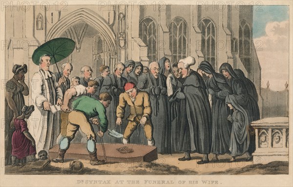'Dr. Syntax at the Funeral of His Wife', 1820. Artist: Thomas Rowlandson.