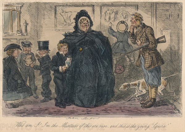 Who am I! I'm the Mistress of this ere ouse, and this is the young Squire!, 1865. Artist: John Leech.