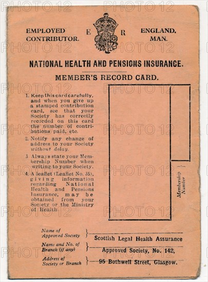 'National Health and Pensions Insurance Card: Member's Record Card', c1930s. Artist: Unknown.
