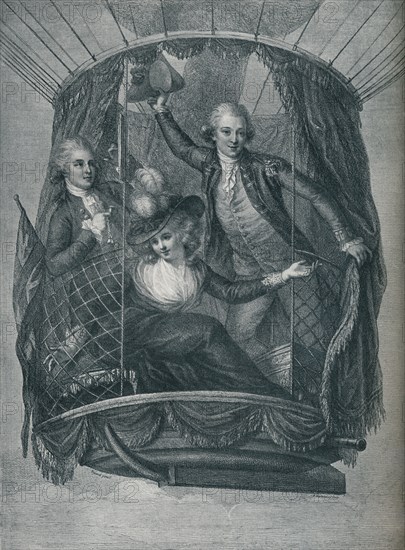 ''The Ascent of Vincent Lunardi, accompanied by Mrs. Sage and Mr. Biggin', 1785, (1910). Artist: Unknown.