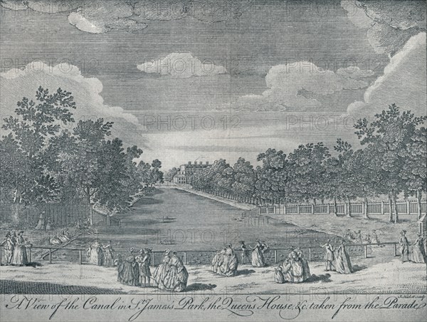 'The Canal in St. James's Park with the Queen's House taken from the Parade', 1794, (1910). Artists: Unknown, John Stevens.