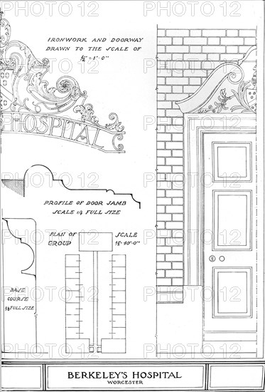 Ironwork and doorway, Berkeley's Hospital, Worcester, Worcestershire, 1924. Artist: Unknown.