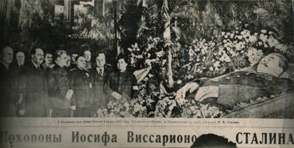 'Soviet leaders visit the flower-decked bier of Stalin in Moscow's Hall of Columns. Behind the chief Artist: Unknown.