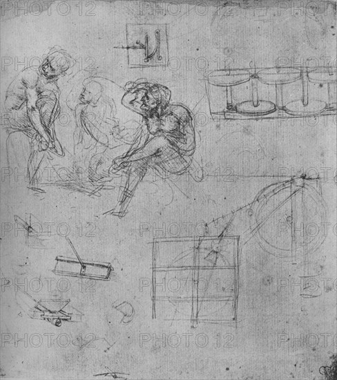 'Three Seated Figures and Studies of Machinery', 1480-1481 (1945). Artist: Leonardo da Vinci.