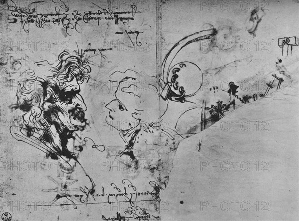 'Two Profiles and Studies of Machinery', c1480 (1945). Artist: Leonardo da Vinci.
