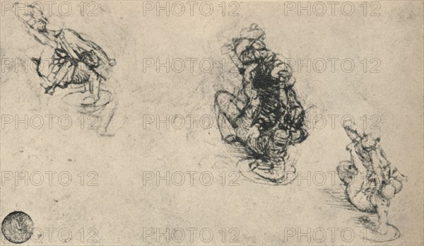 'Three Studies of a Man Poniarding a Fallen Foe', c1480 (1945). Artist: Leonardo da Vinci.