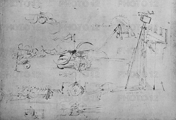 'Chariots Armed with Scythes and Flails and Horseman with Three Lances', c1480, (1945). Artist: Leonardo da Vinci.