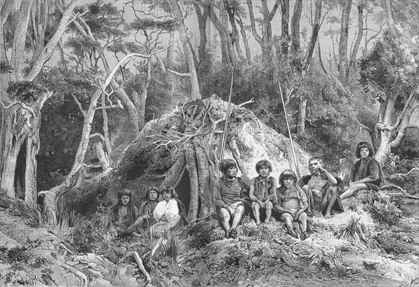 'Fuegians and their Wigwams',  c1885, (1890). Artist: Robert Taylor Pritchett.