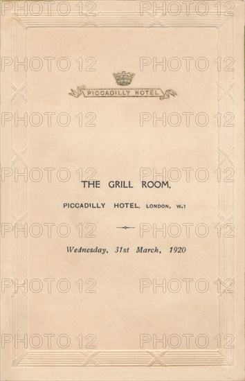 A menu for The Grill Room of the Piccadilly Hotel, London, 1920. Artist: Unknown.