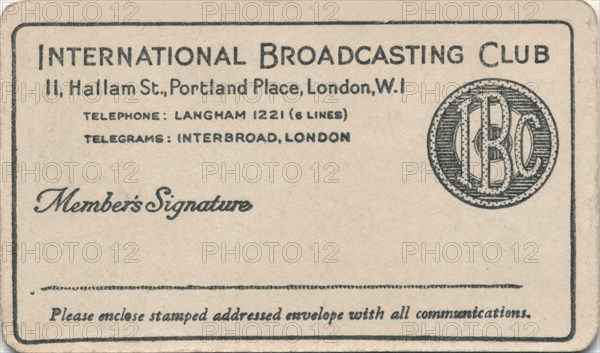 'International Broadcasting Club: Membership card', c1930s. Artist: Unknown.